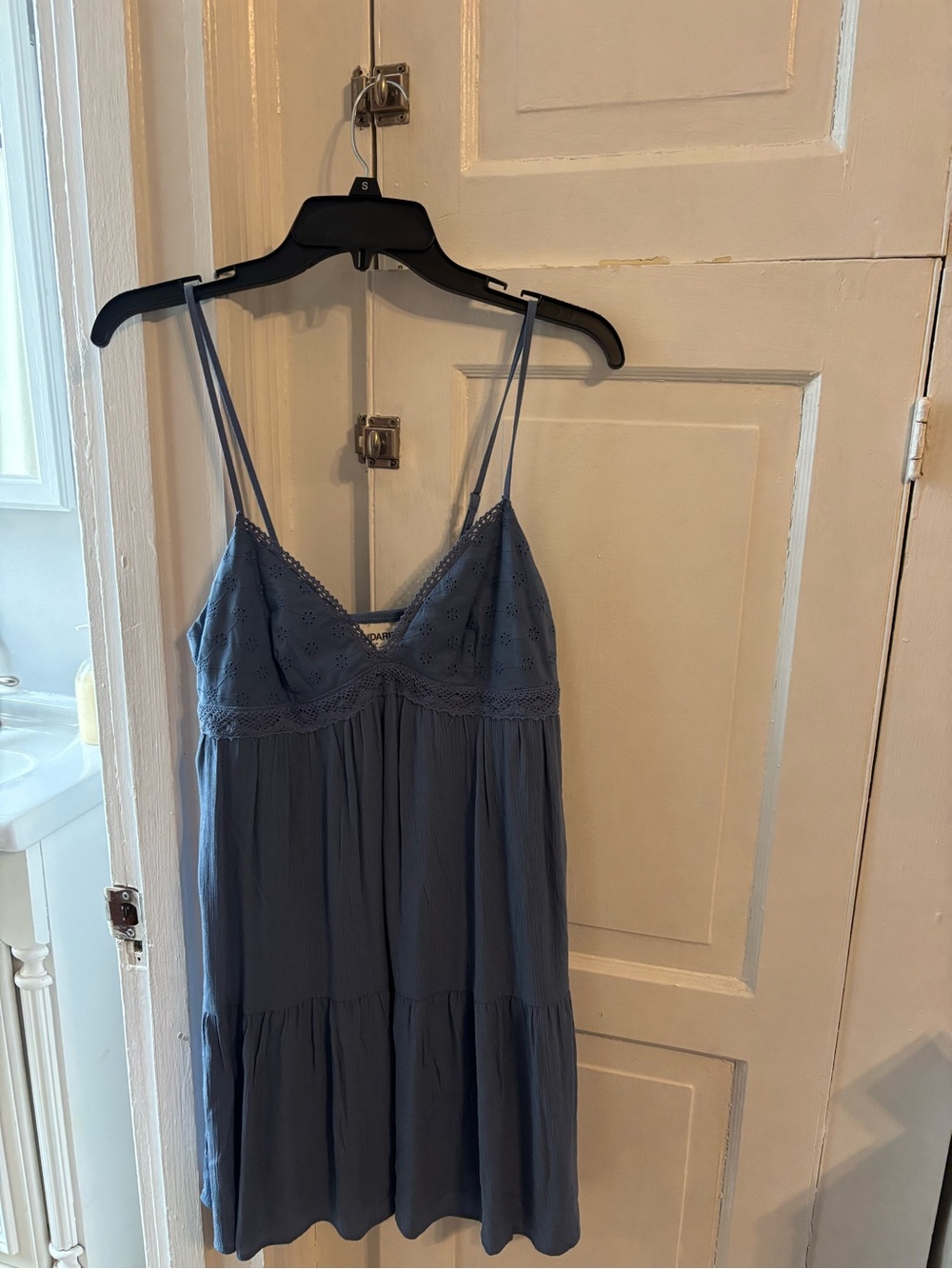 Blue Eyelet Tiered Mini Dress with Spaghetti Straps